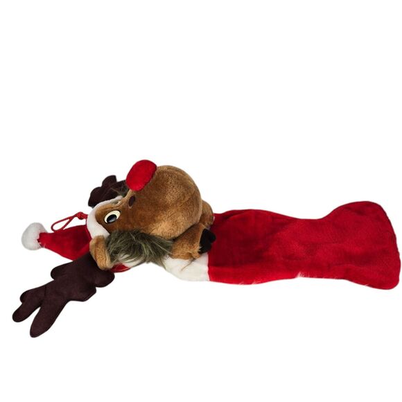 VTG Smithy 3D Plush Red Nose Reindeer Moose 27" Christmas Stocking Santa Hat - Picture 7 of 14